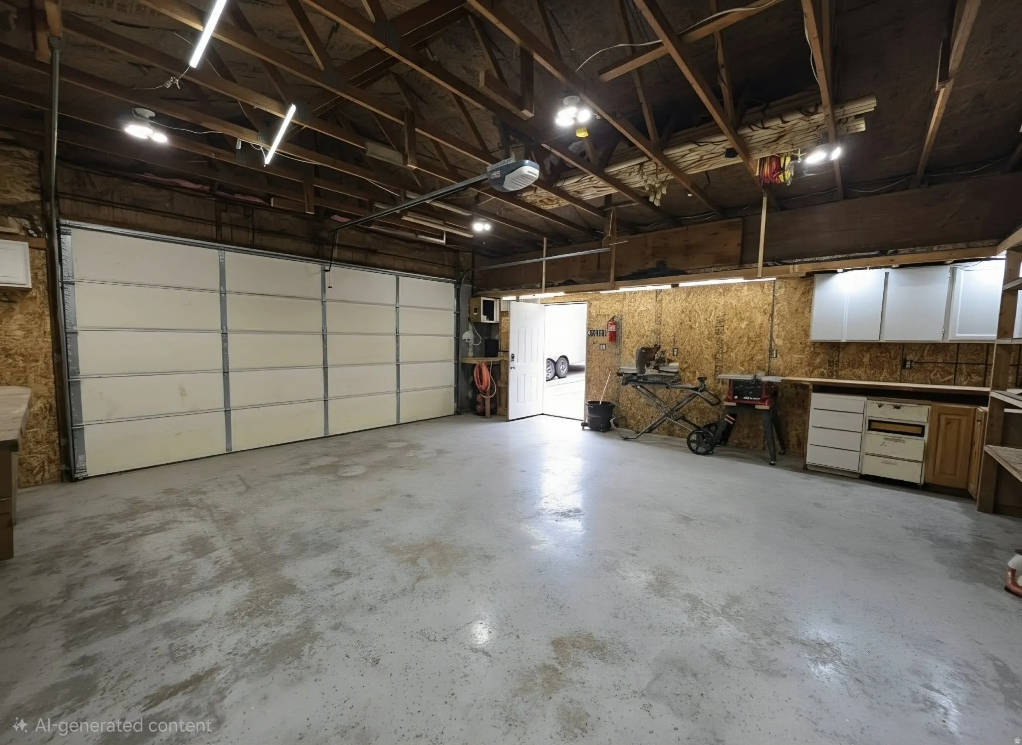Spacious garage featuring a large overhead door, exposed wood beam ceiling, concrete flooring, built-in cabinetry, and task lighting