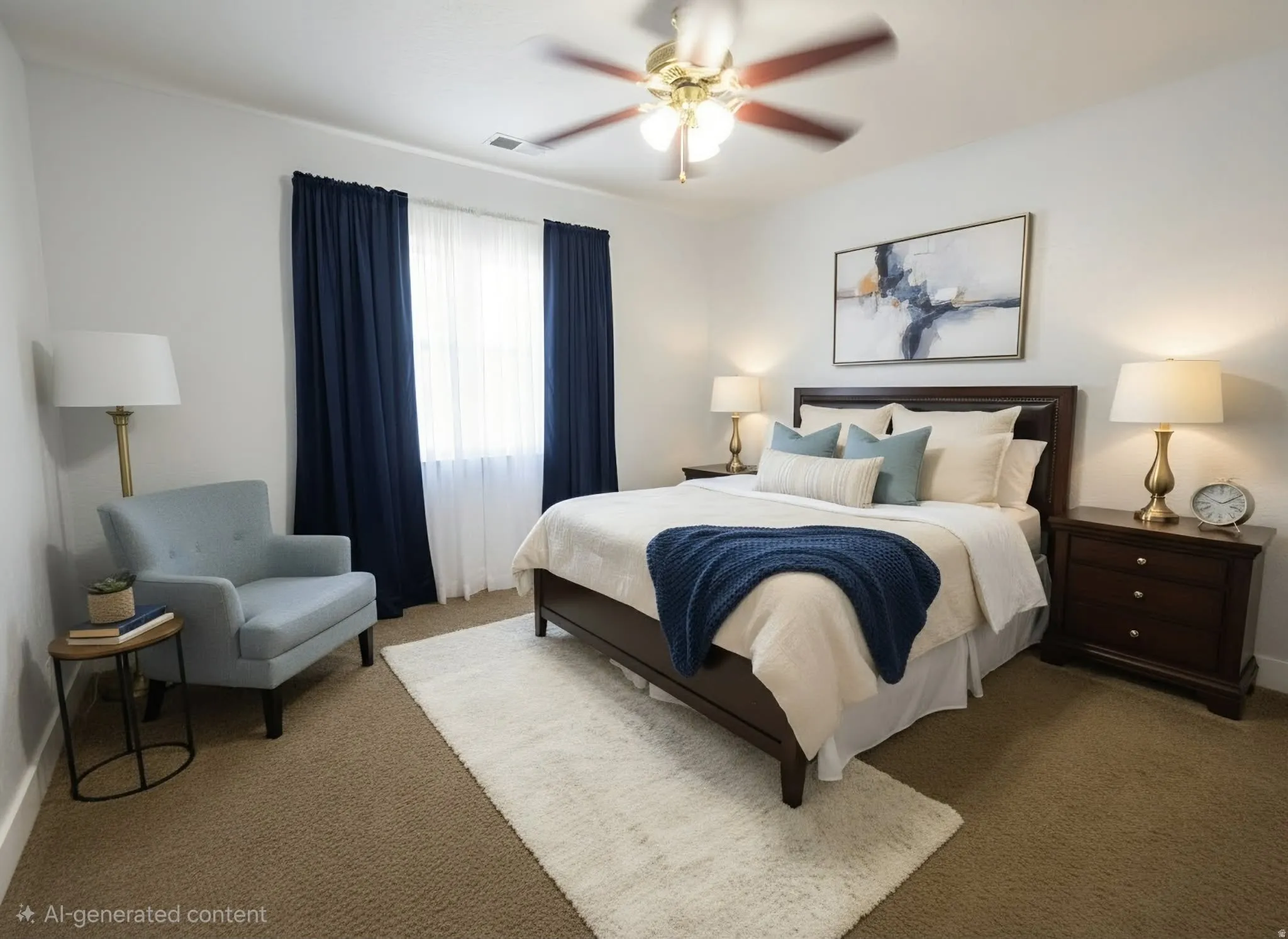 Carpeted flooring, window with drapes, and a ceiling fan