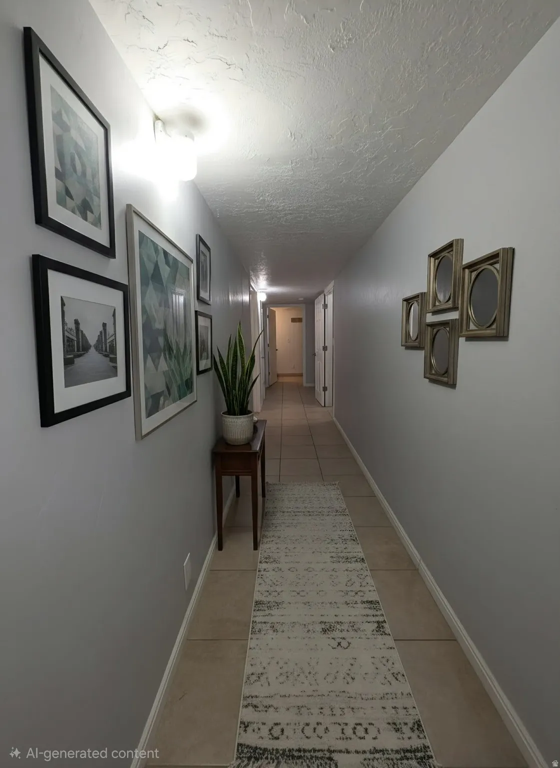 Recessed lighting illuminates the hallway with light gray walls