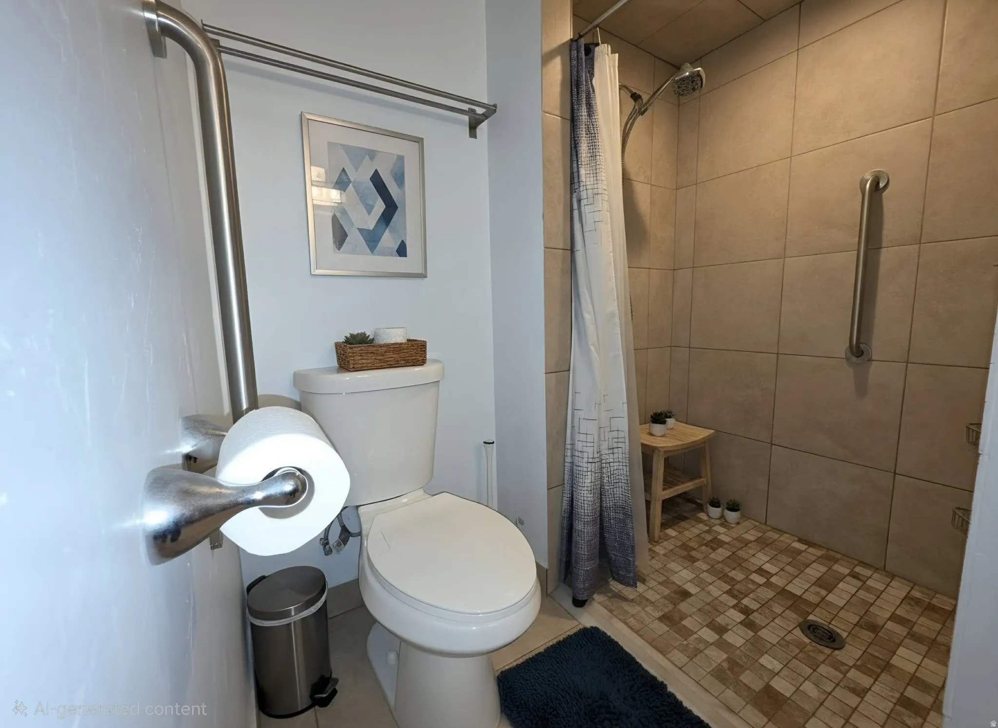 Walk-in shower with tiled walls and floor, stainless steel shower fixtures, and a grab bar