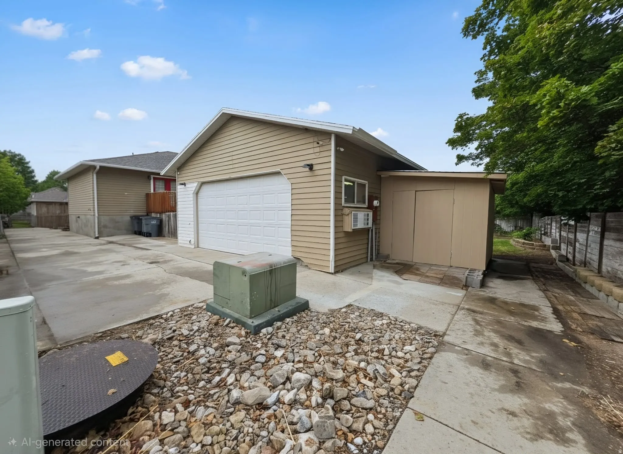 Detached garage with a paneled door, exterior siding, and an attached storage shed