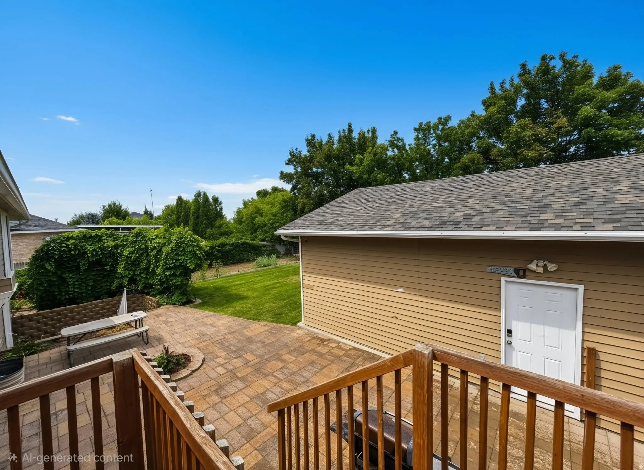 Hardscaped patio area featuring paver stones, a raised garden bed, and a detached structure with siding