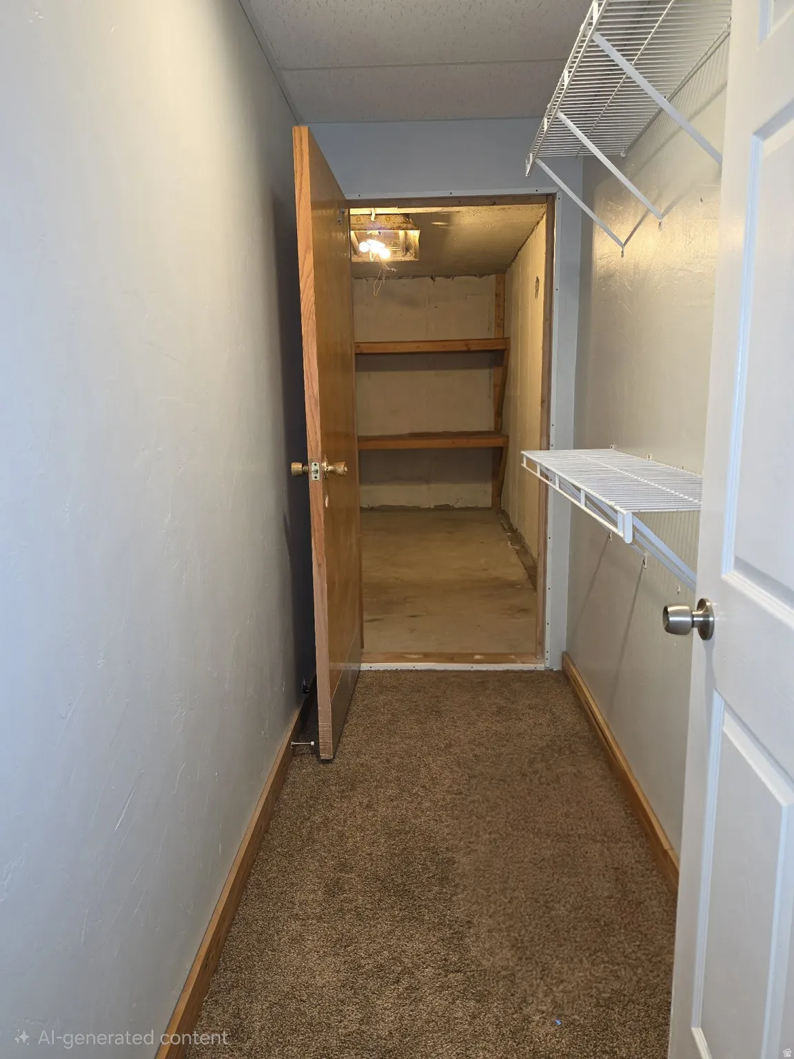 Walk-in closet with wire shelving and built-in wooden shelves