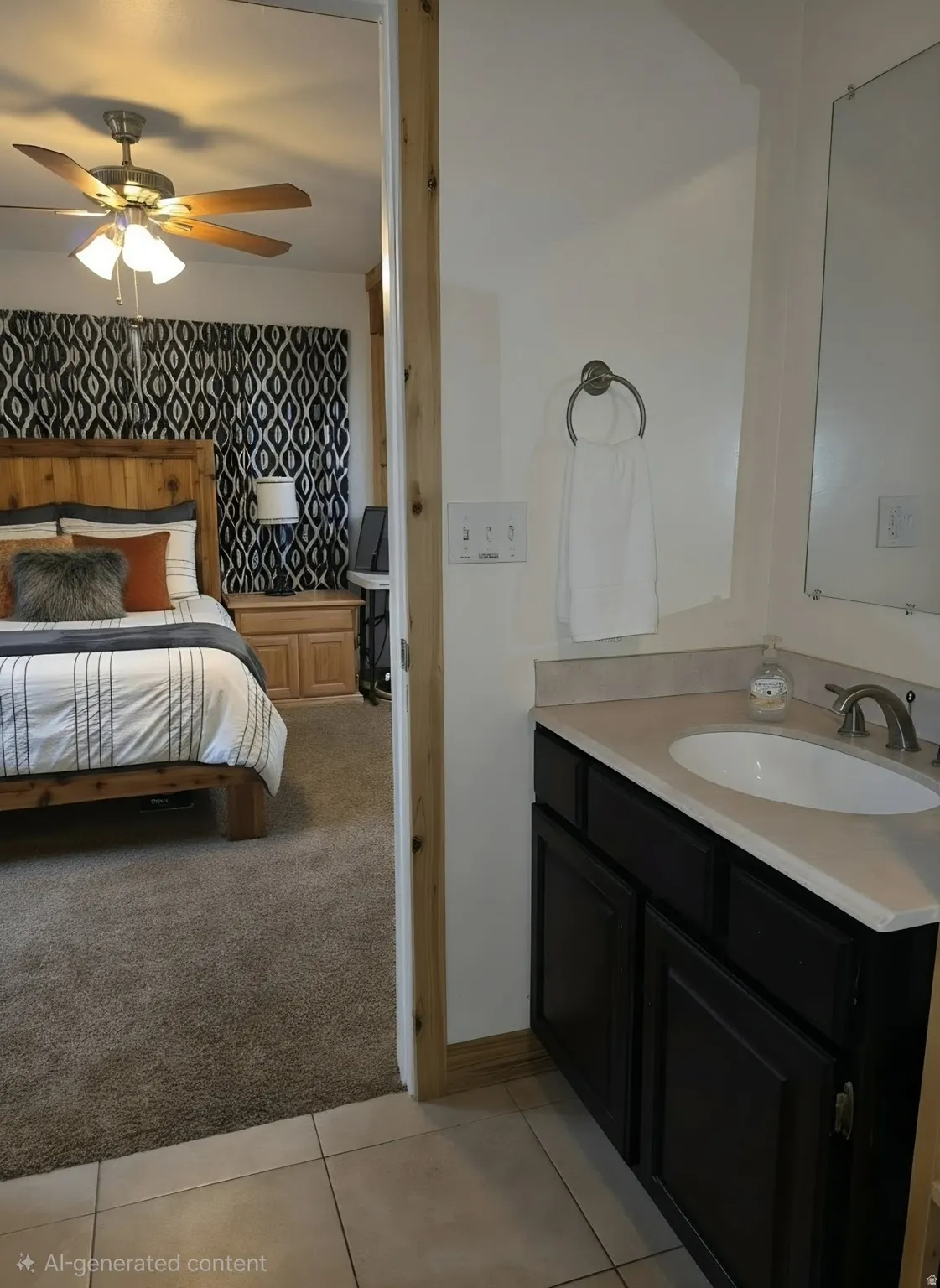 Bathroom vanity with a single basin sink, mounted faucet, and dark wood-finish cabinetry