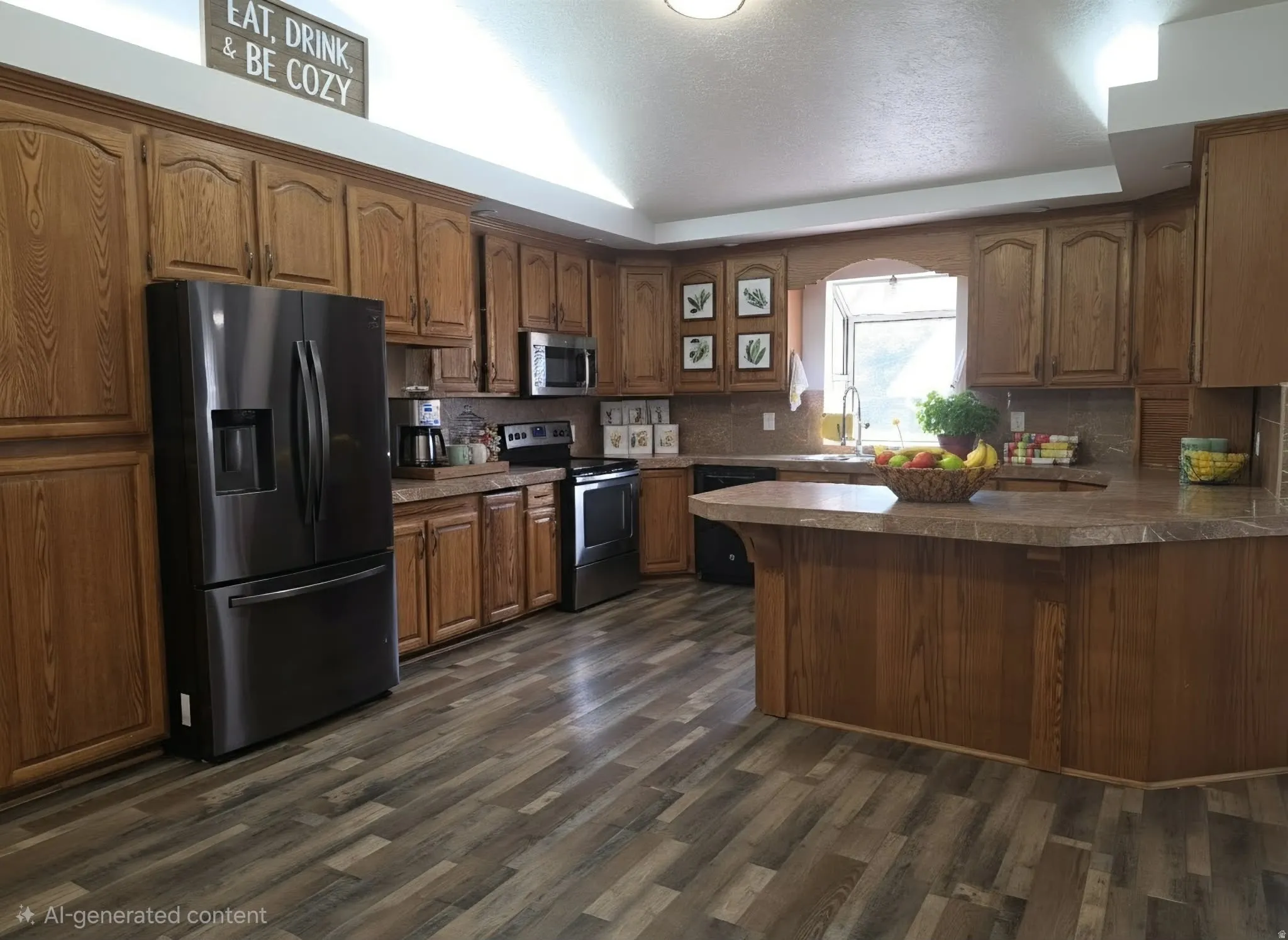 Wood-finish flooring, wood cabinetry, built-in kitchen island, stainless steel appliances, and a tiled backsplash