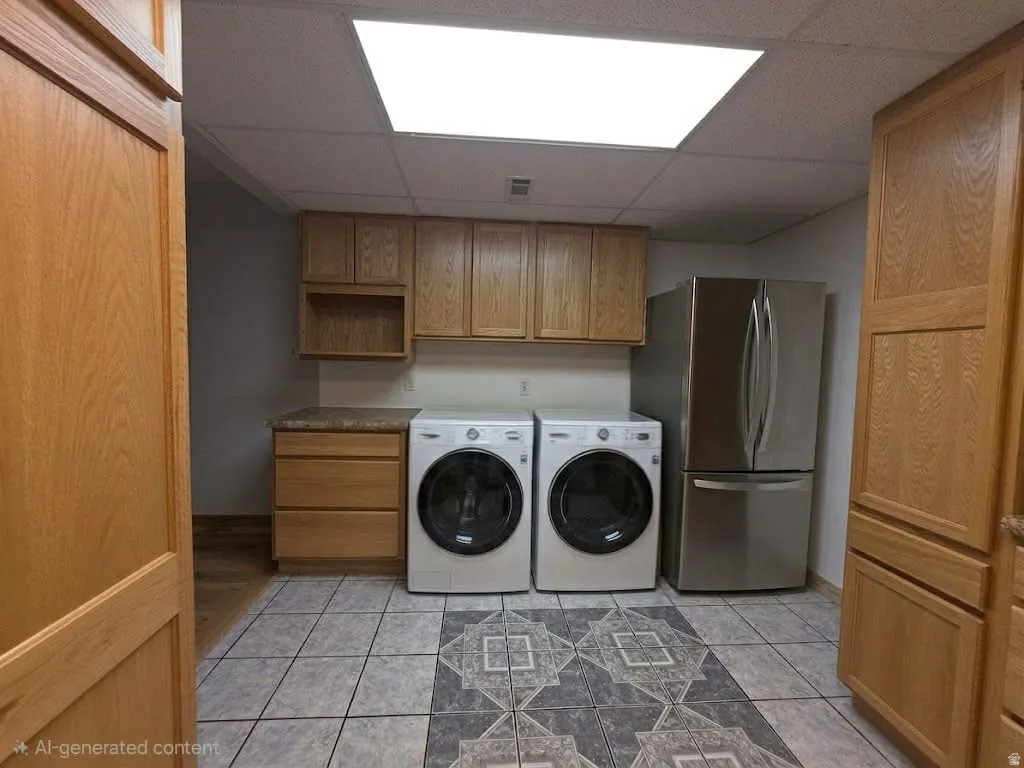 Tiled flooring, wood-finish cabinetry, countertop, and stainless steel refrigerator