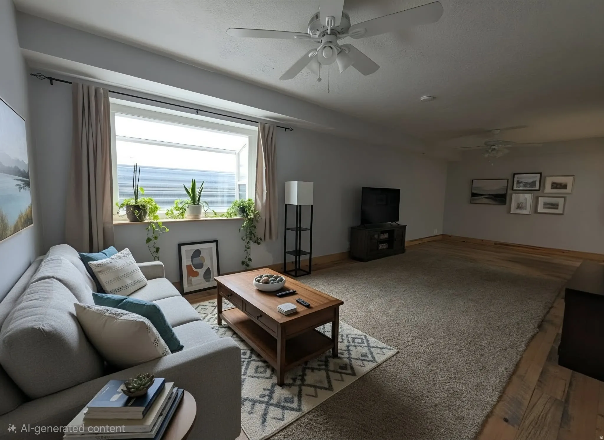 Recessed window with deep sill, two ceiling fans, wood-finish flooring, and light-colored walls