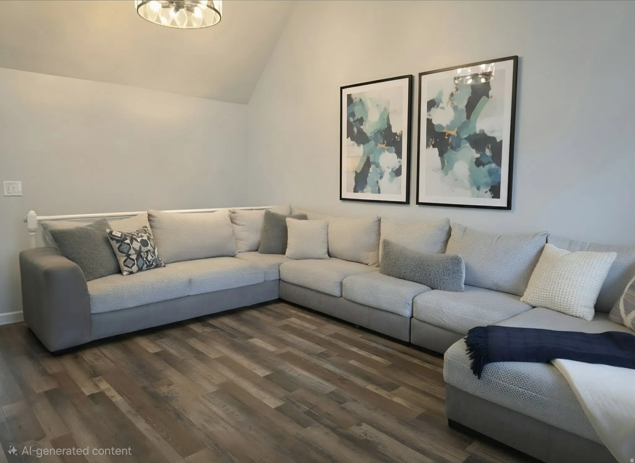 Vaulted ceiling with a contemporary flush-mount light fixture, wood-finish flooring, and light gray wall paint