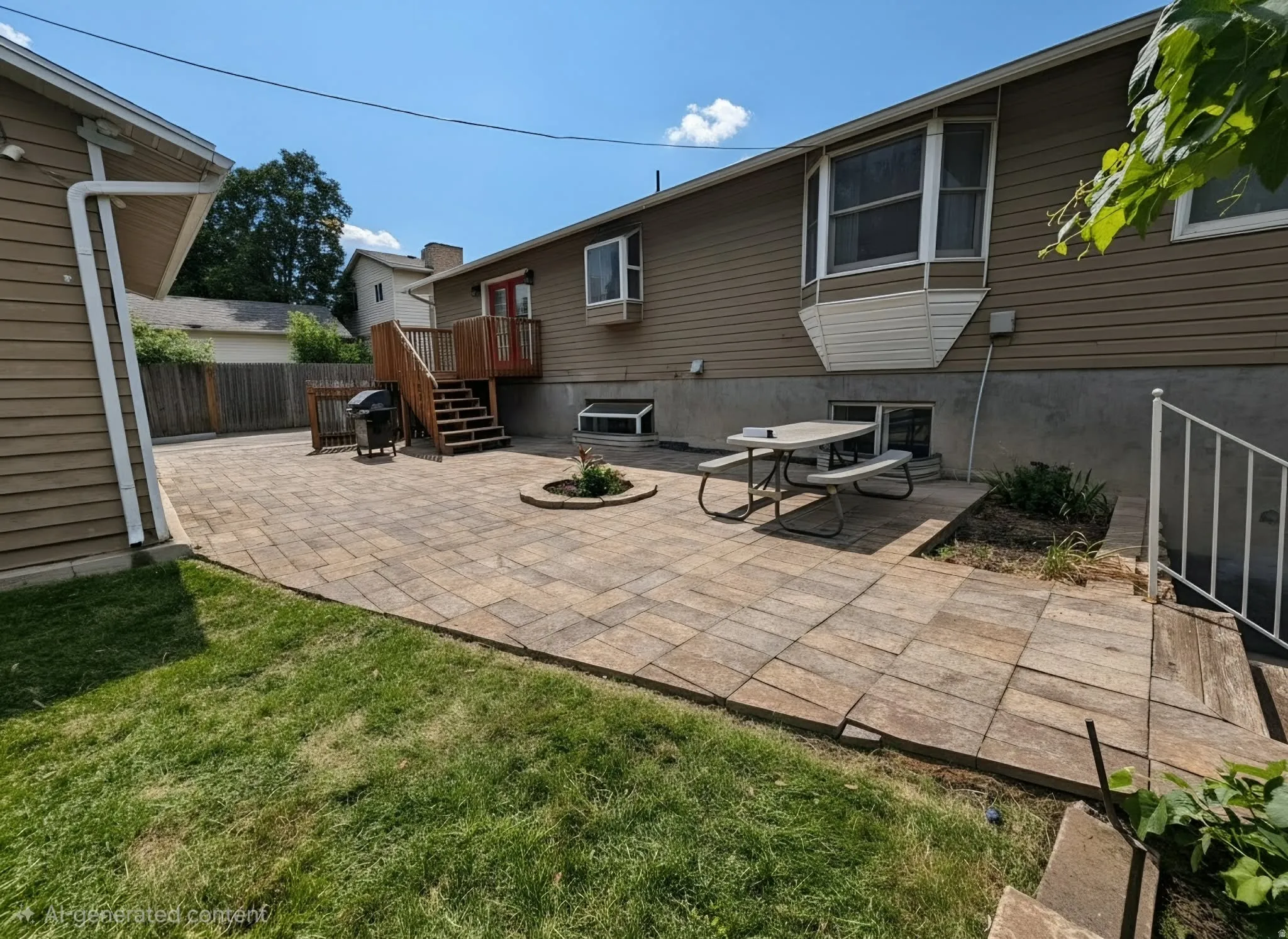 Expansive paver patio with a raised planter, wood deck with stairs, and bay window