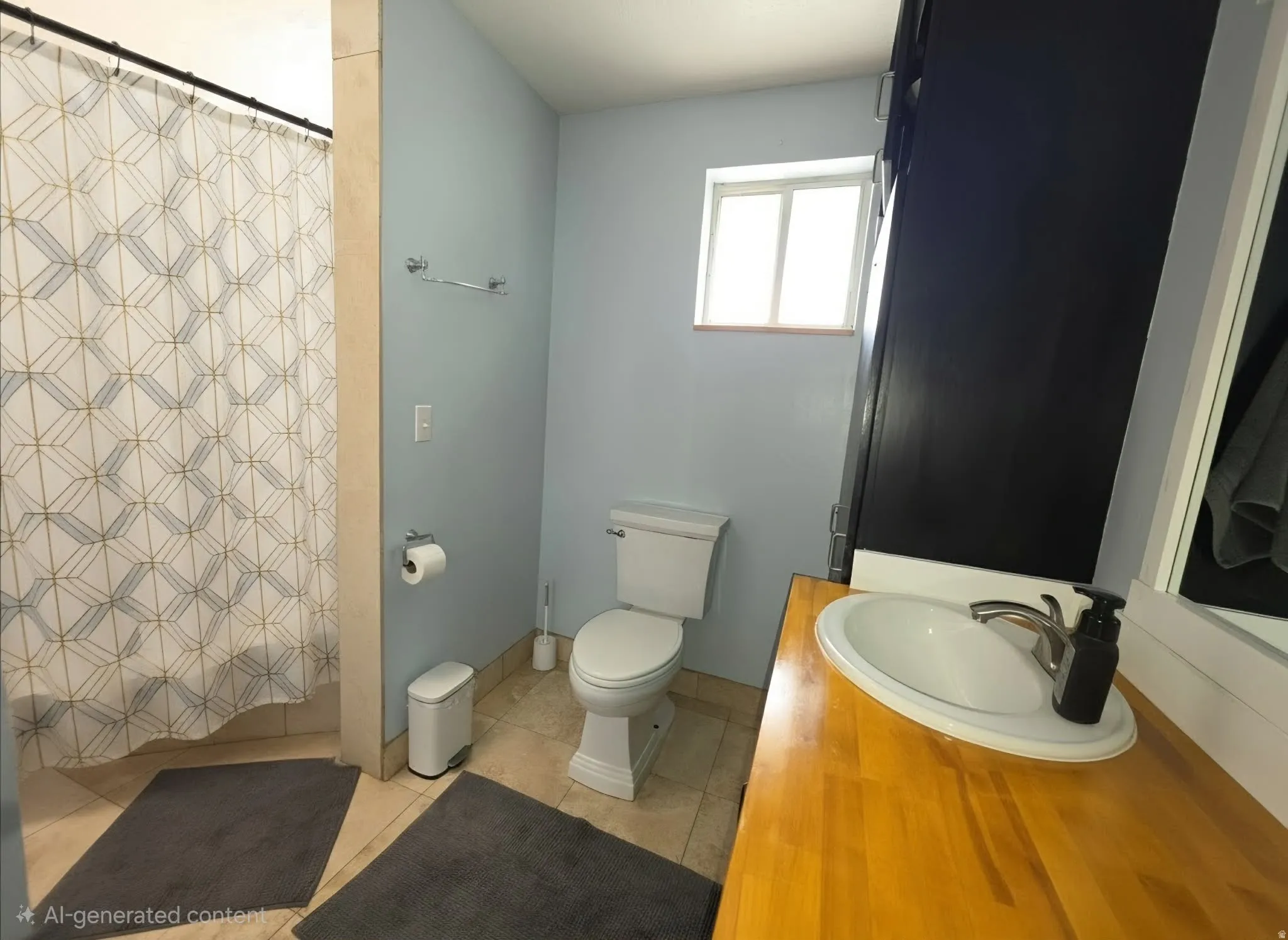 Built-in vanity with a circular basin sink and wood-finish countertop