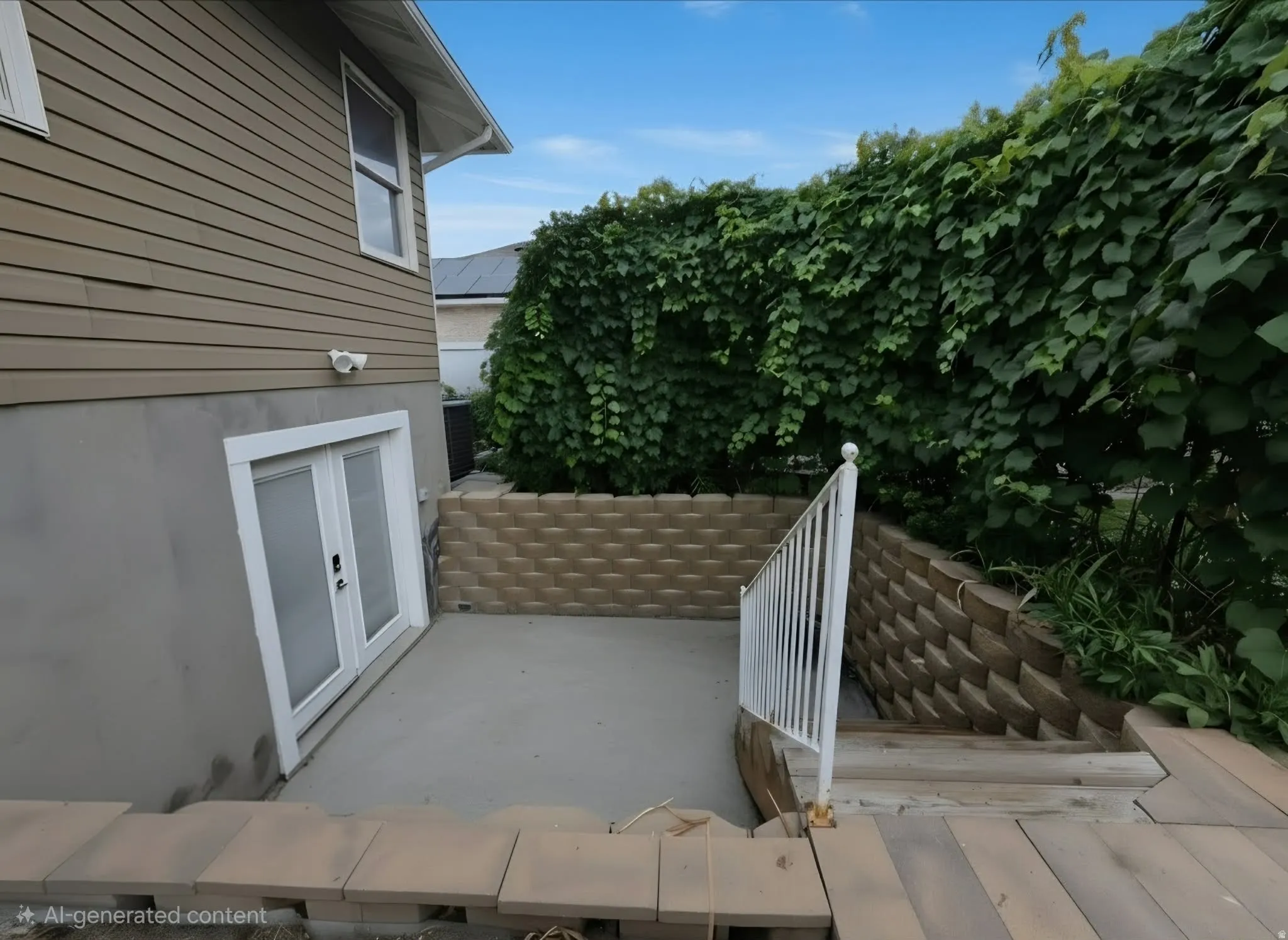 Outdoor patio with block retaining walls, white railing, and exterior french doors