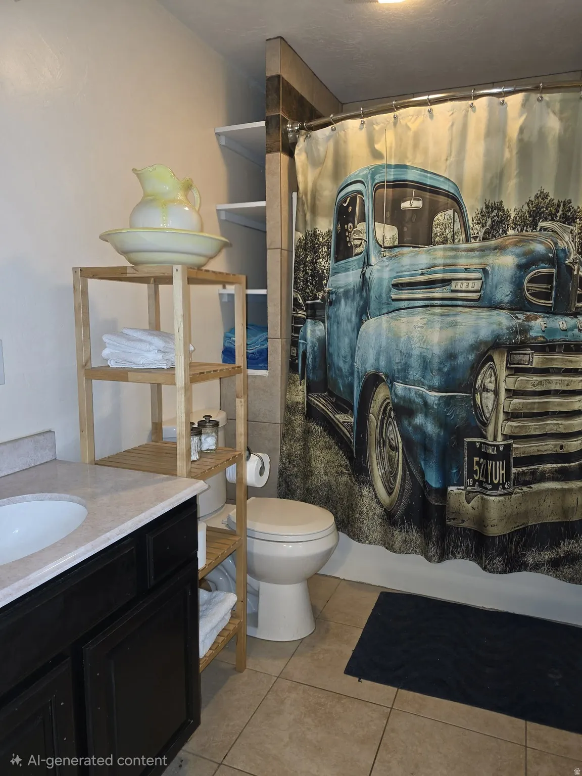 Bathroom featuring a vanity with an integrated sink, a toilet, a shower area with tiled walls, and tiled flooring