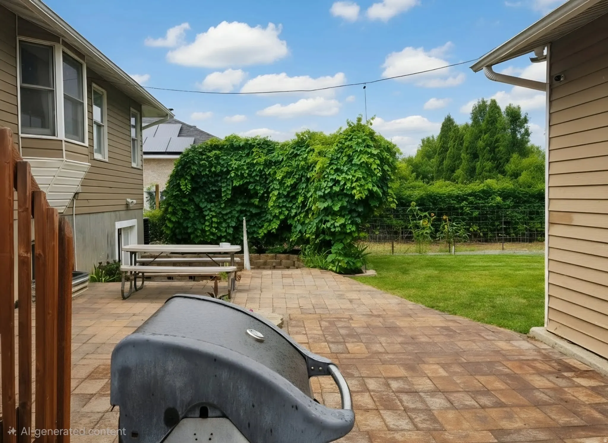Paver patio with a manicured lawn, lush perimeter foliage, and established plantings