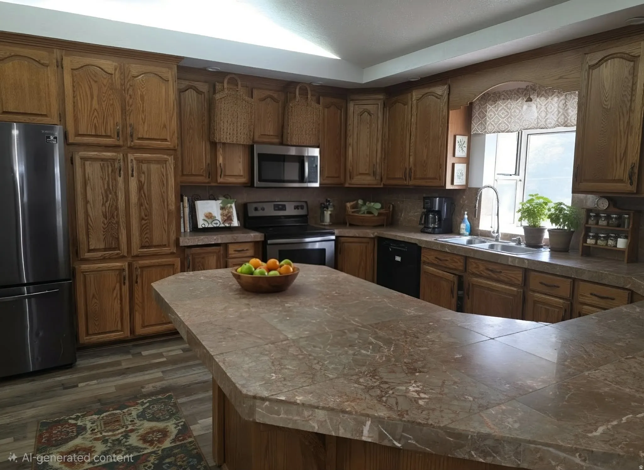 Expansive kitchen featuring wood-finish cabinetry, a large kitchen island with a stone-finish countertop, stainless steel appliances, and wood-finish flooring