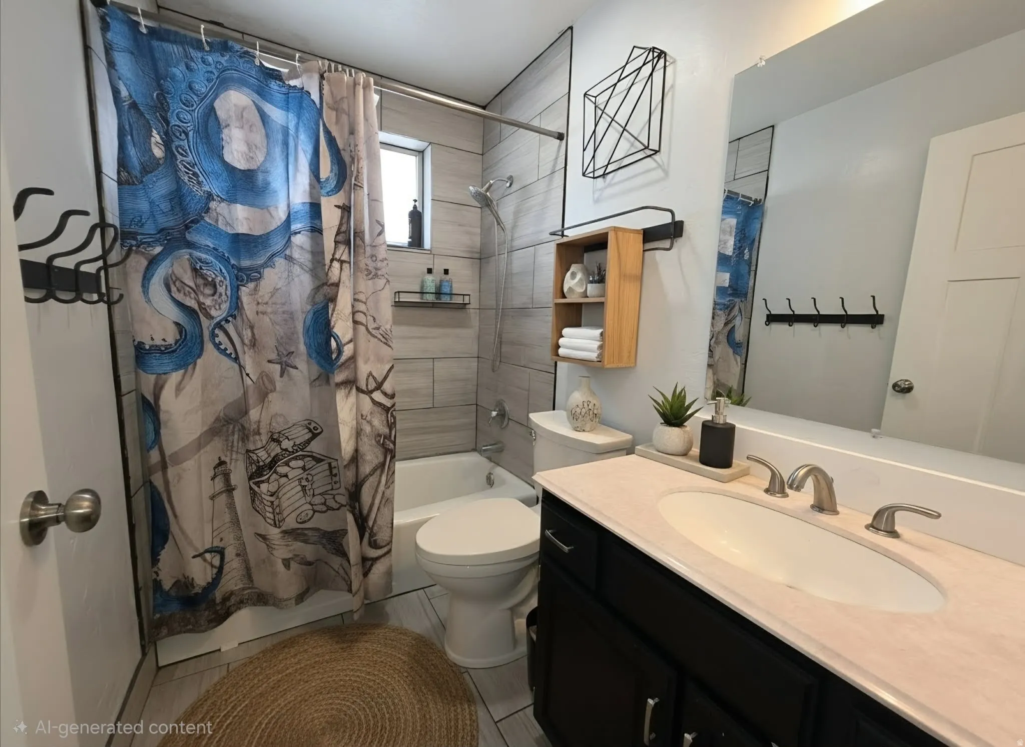 Bathroom featuring a vanity with a light-toned countertop, a shower-tub combination with tile surround, and a wall-mounted mirror