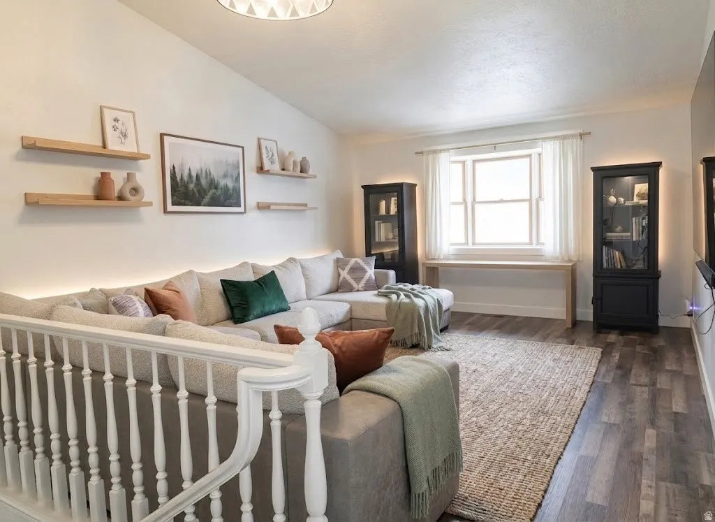 Wood-finish flooring, white spindle railing, multiple floating wood shelves, and a window with natural light