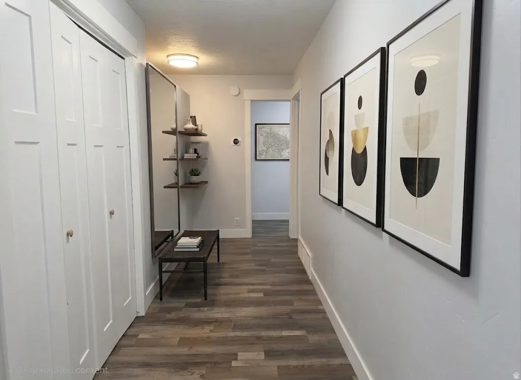 Hallway featuring wood-finish flooring, flush mount lighting, and white bi-fold closet doors