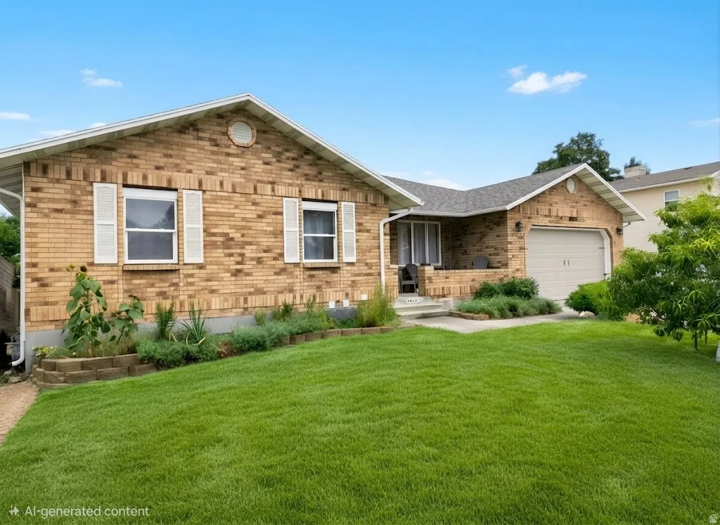 Brick exterior with white window shutters, attached garage, covered entry porch, and a manicured lawn