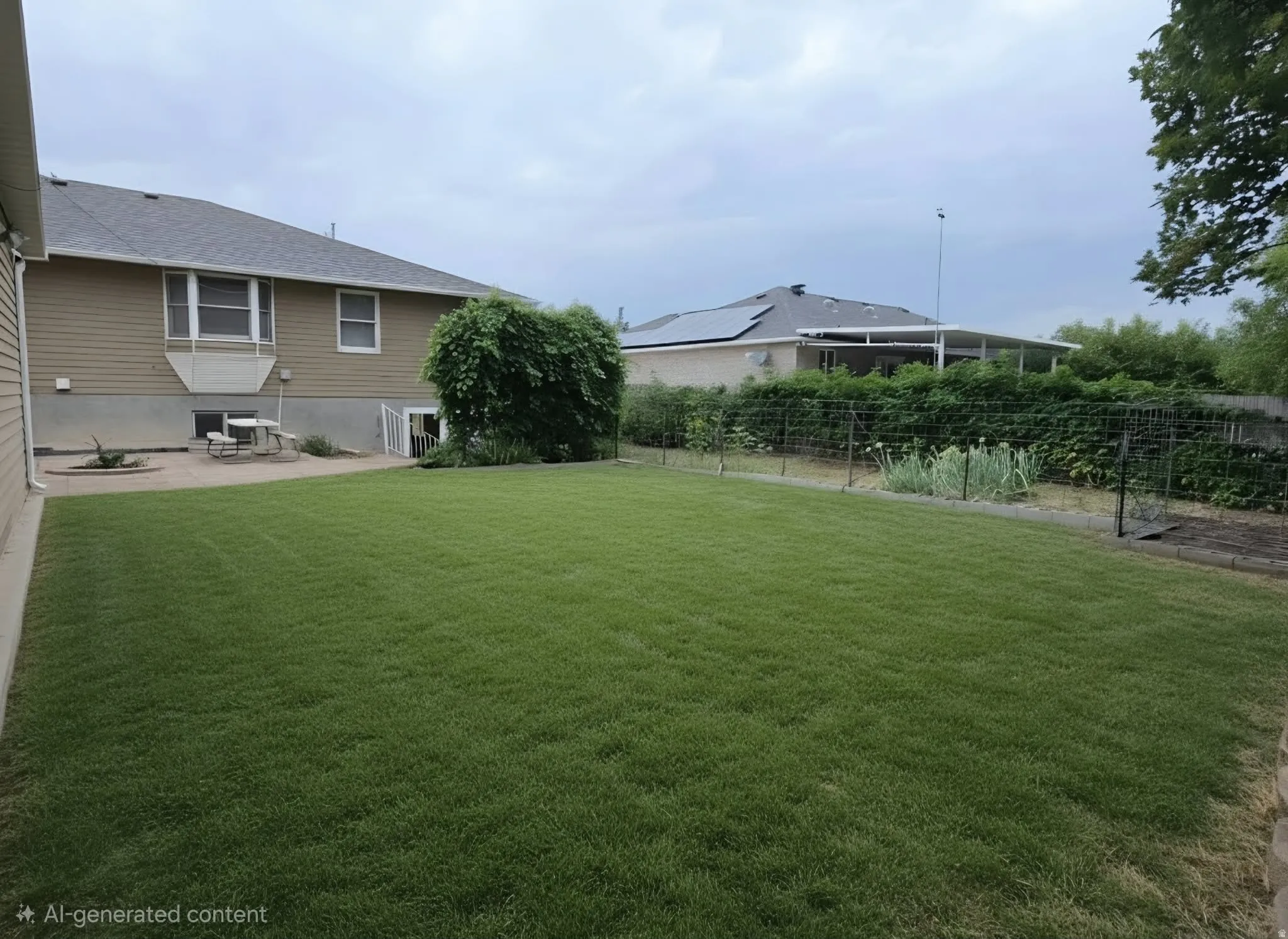 Expansive green lawn, established planting beds, and a patio area with an exterior entry