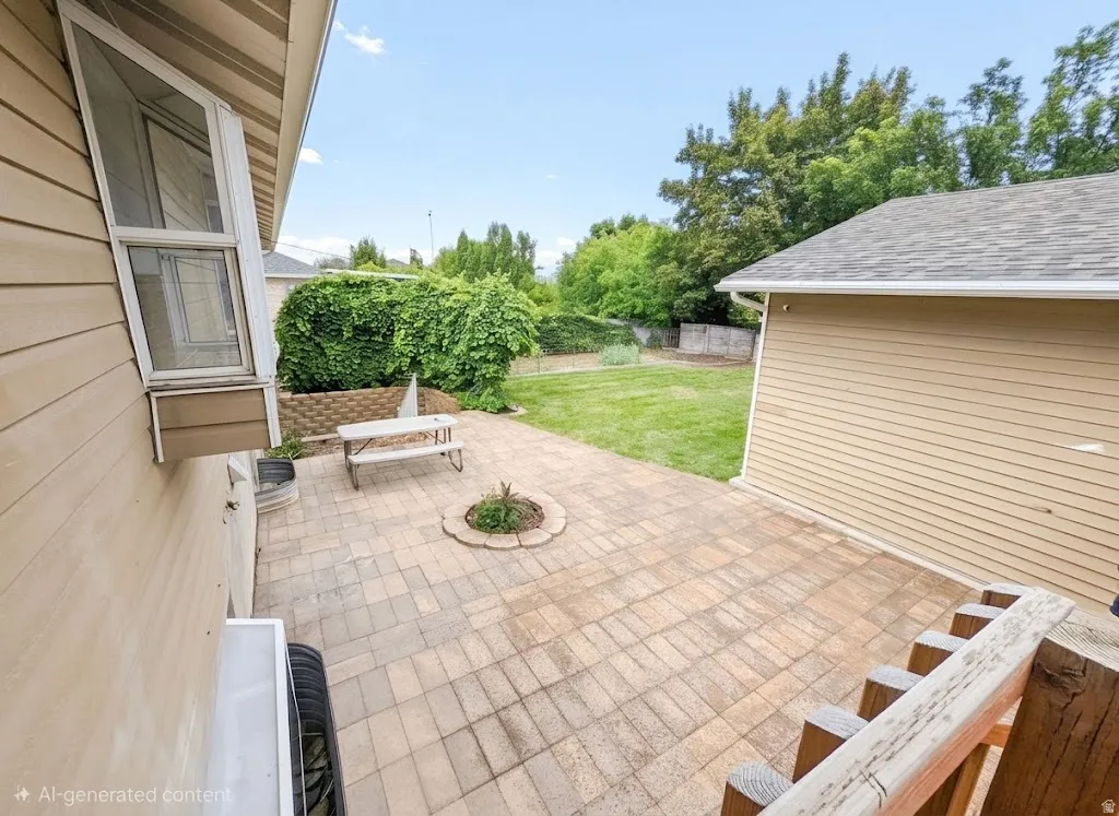 Paver patio with a circular planting bed, slatted siding, and a gabled roofline