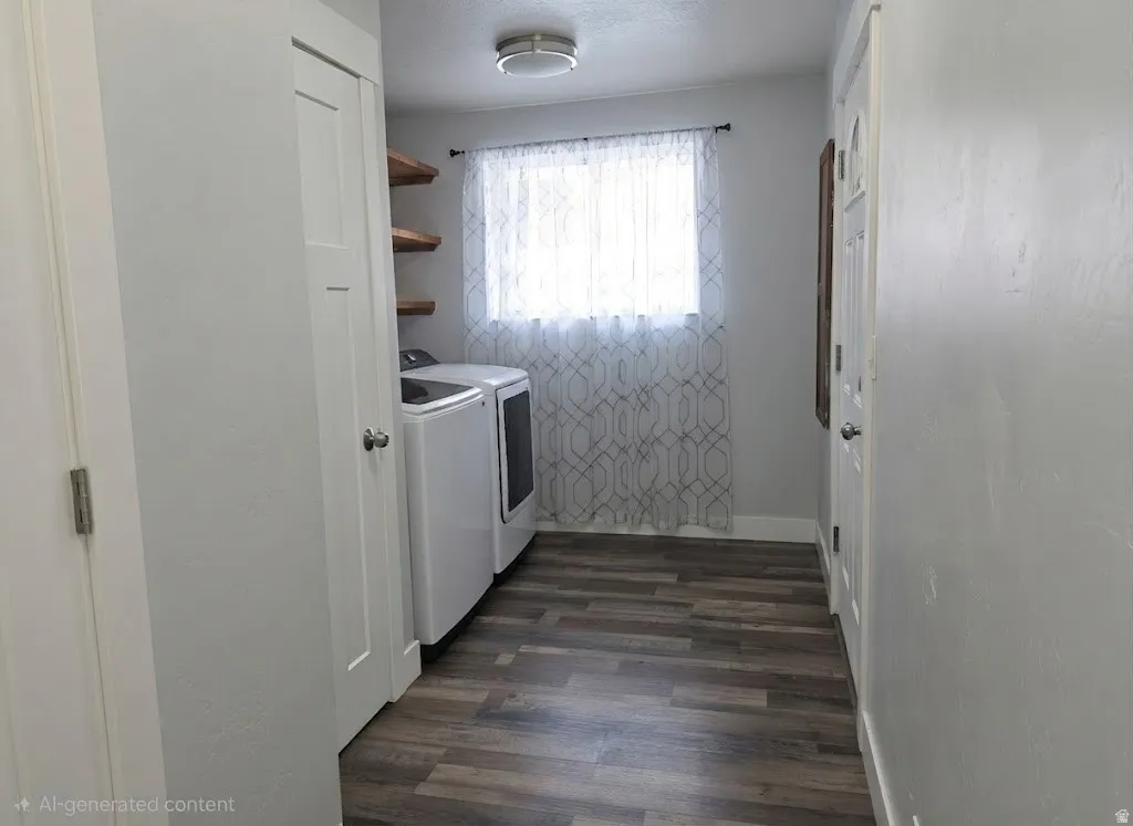 Wood-finish flooring with light gray walls, built-in wooden shelving, and a flush mount ceiling light