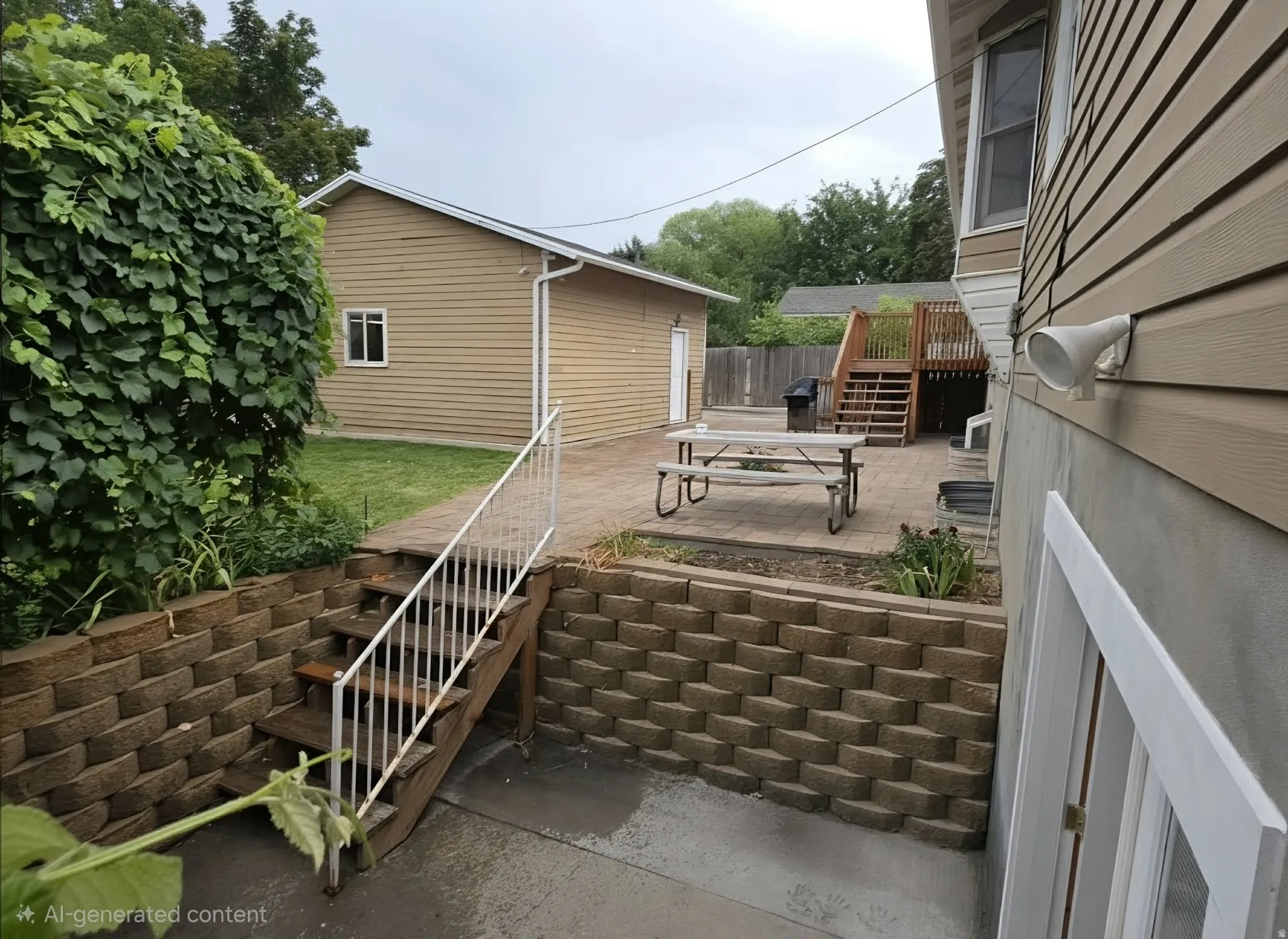 Retaining wall with integrated wooden stairs, paver patio, wood-sided detached garage, and a raised wooden deck