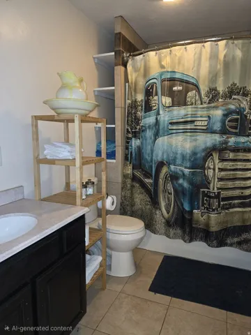 Bathroom featuring a vanity with an integrated sink, a toilet, a shower area with tiled walls, and tiled flooring