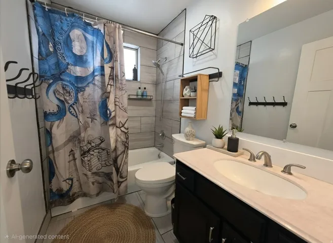 Bathroom featuring a vanity with a light-toned countertop, a shower-tub combination with tile surround, and a wall-mounted mirror