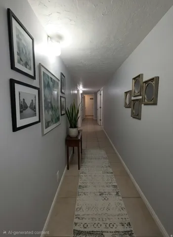 Recessed lighting illuminates the hallway with light gray walls