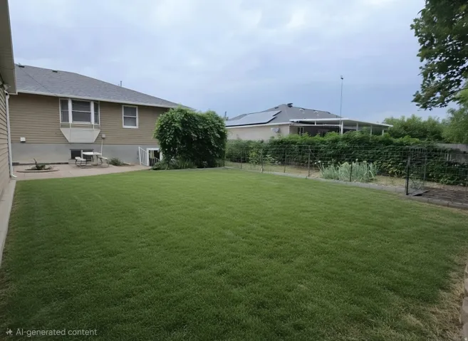 Expansive green lawn, established planting beds, and a patio area with an exterior entry