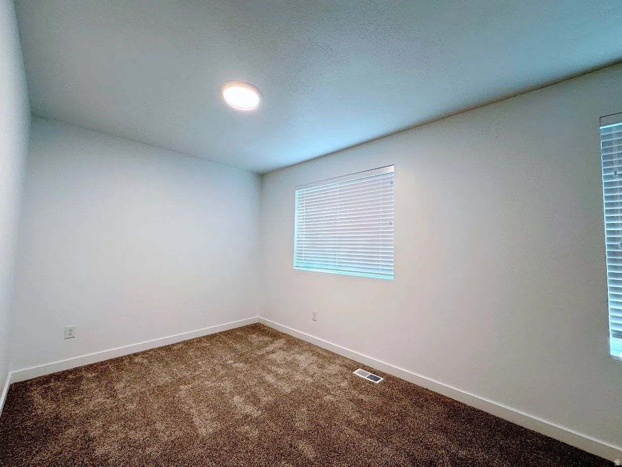 Recessed ceiling light, two windows with blinds, light-colored walls, and brown carpet flooring