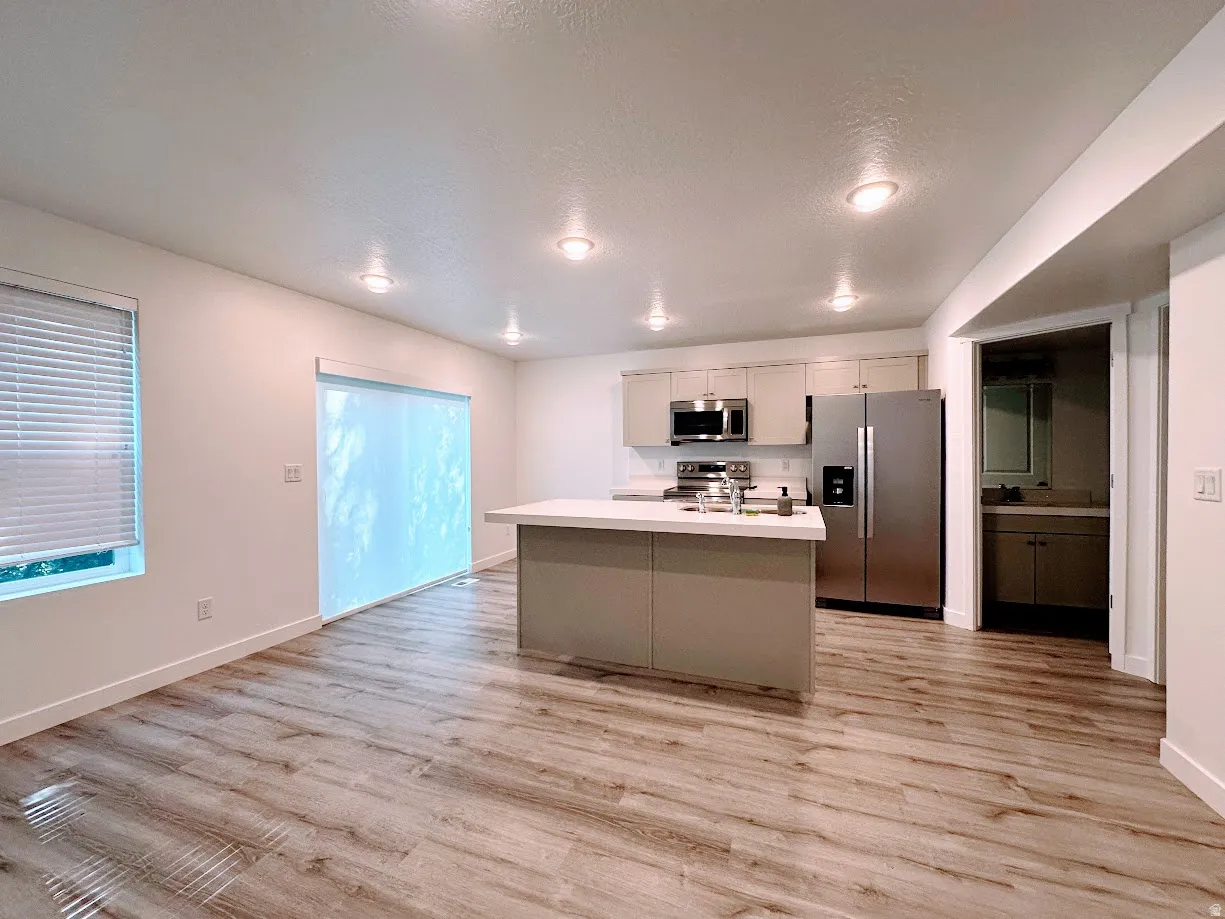 Modern open-concept kitchen and living area featuring stainless steel appliances, a large center island with cabinetry, wood-finish flooring throughout, recessed ceiling lighting, and abundant natural light from multiple windows