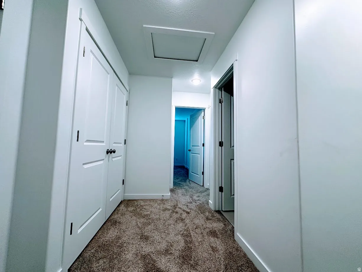 Wall-to-wall carpeting in a neutral tone, white interior doors, recessed lighting, and a ceiling access panel