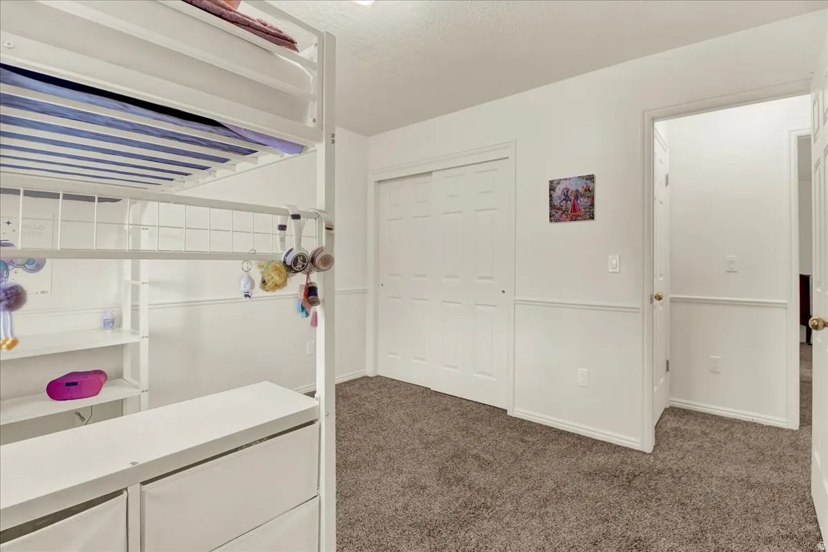 Spacious bedroom with carpet flooring, multiple closet spaces with white panel doors, and abundant natural light from windows