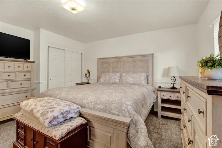 Spacious primary bedroom featuring a wood-finish bed frame with upholstered headboard, dual nightstands with storage, carpet flooring, and abundant natural light from windows