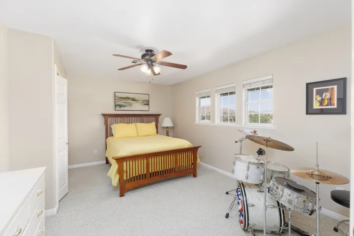 Carpeted room with a ceiling fan, three windows, and neutral-toned walls