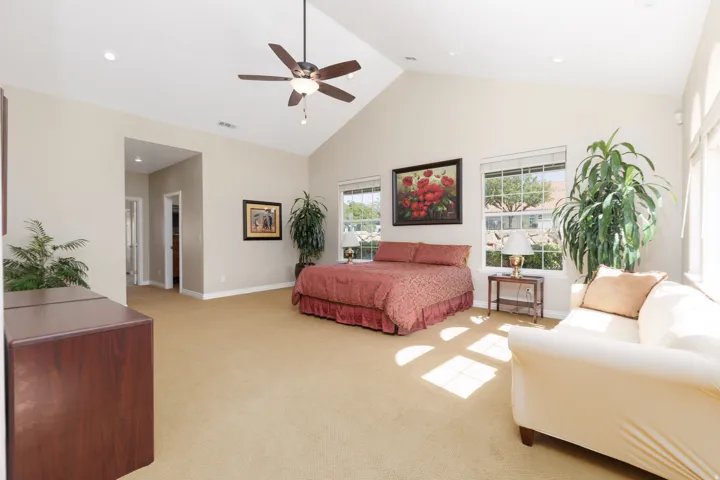 Vaulted ceiling, ceiling fan, recessed lighting, multiple windows, and light neutral wall colors