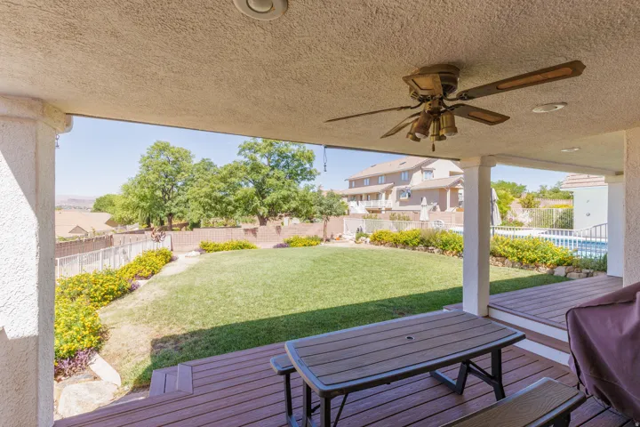 Covered patio with composite decking overlooking a spacious backyard featuring manicured lawn, mature landscaping, and hedging