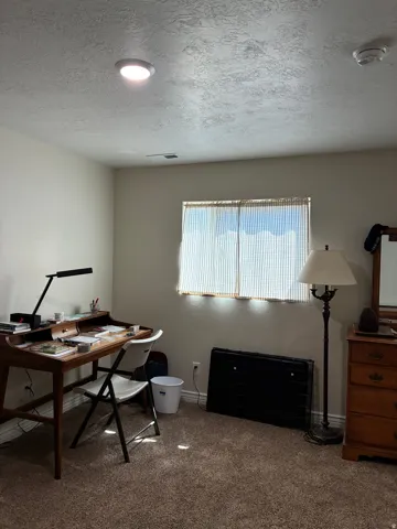 Recessed ceiling lighting, textured ceiling finish, window with horizontal blinds, wall-to-wall carpeting, light-toned wall paint