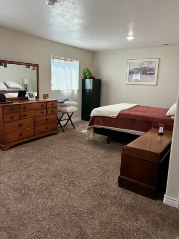 Neutral wall paint, textured ceiling, recessed lighting, and carpeted flooring