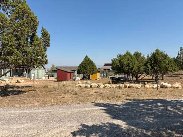 Rear of property from the south property line and city limit.  gravel drive, natural rock landscaping, and mature evergreen trees