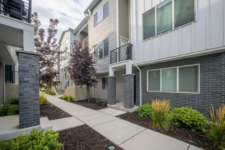 Modern townhome community featuring a linear concrete walkway bordered by contemporary landscaping with ornamental grasses, low-maintenance planting beds, and mature trees
