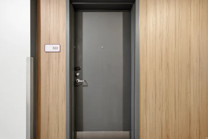 Modern entry door with dark gray finish