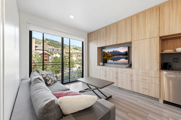 Expansive glass sliding doors, wood-finish flooring, built-in cabinetry, integrated media console, and stainless steel dishwasher