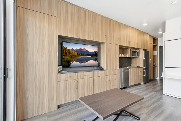 Integrated wall cabinetry with recessed television, full kitchen with stainless steel appliances, and wood-finish flooring