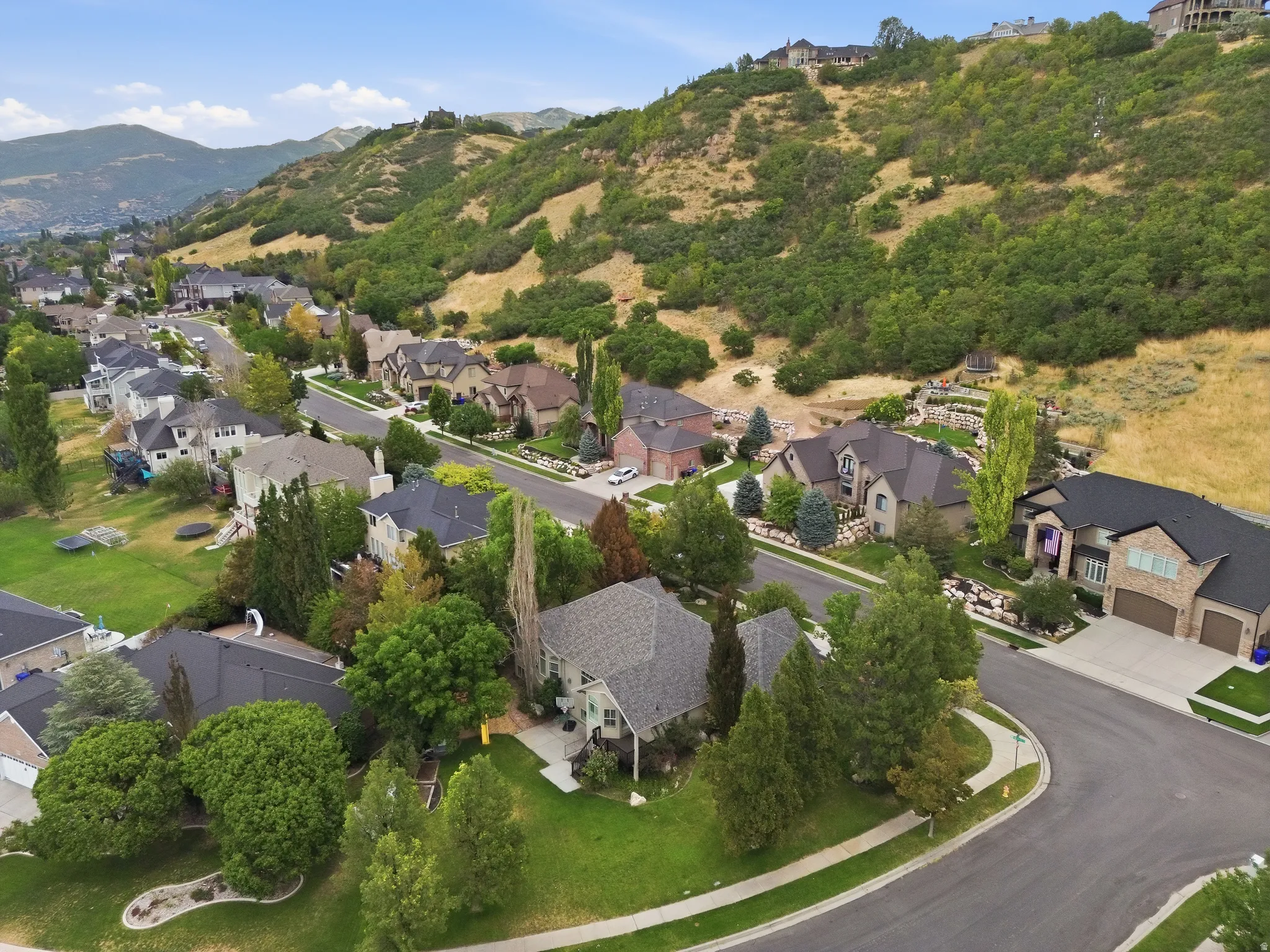 Residential street featuring established homes with diverse architectural styles, mature landscaping, and a mountainous backdrop