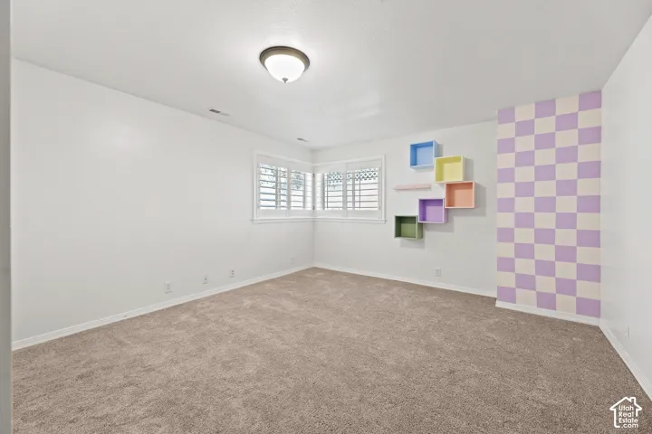 Soft pile carpet flooring, white painted walls, window with plantation shutters, ceiling-mounted light fixture, decorative wall shelving