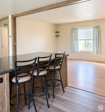 Kitchen bar with a dark countertop and wood-finish paneling