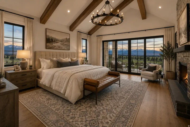Primary bedroom suite featuring exposed wood beam ceiling, built-in window seating with upholstered headboard, hardwood flooring, and expansive glass doors opening to mountain vistas