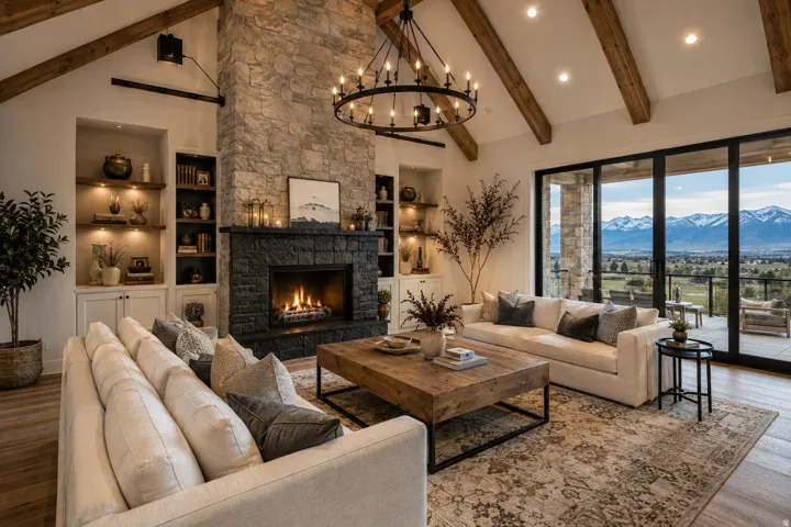 Soaring vaulted ceilings with exposed timber beams and recessed lighting anchor this open-concept living space